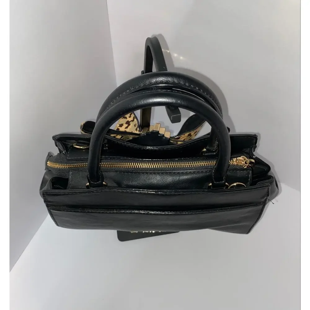Betsey Johnson Black Satchel Handbag with Leopard Bow Accent